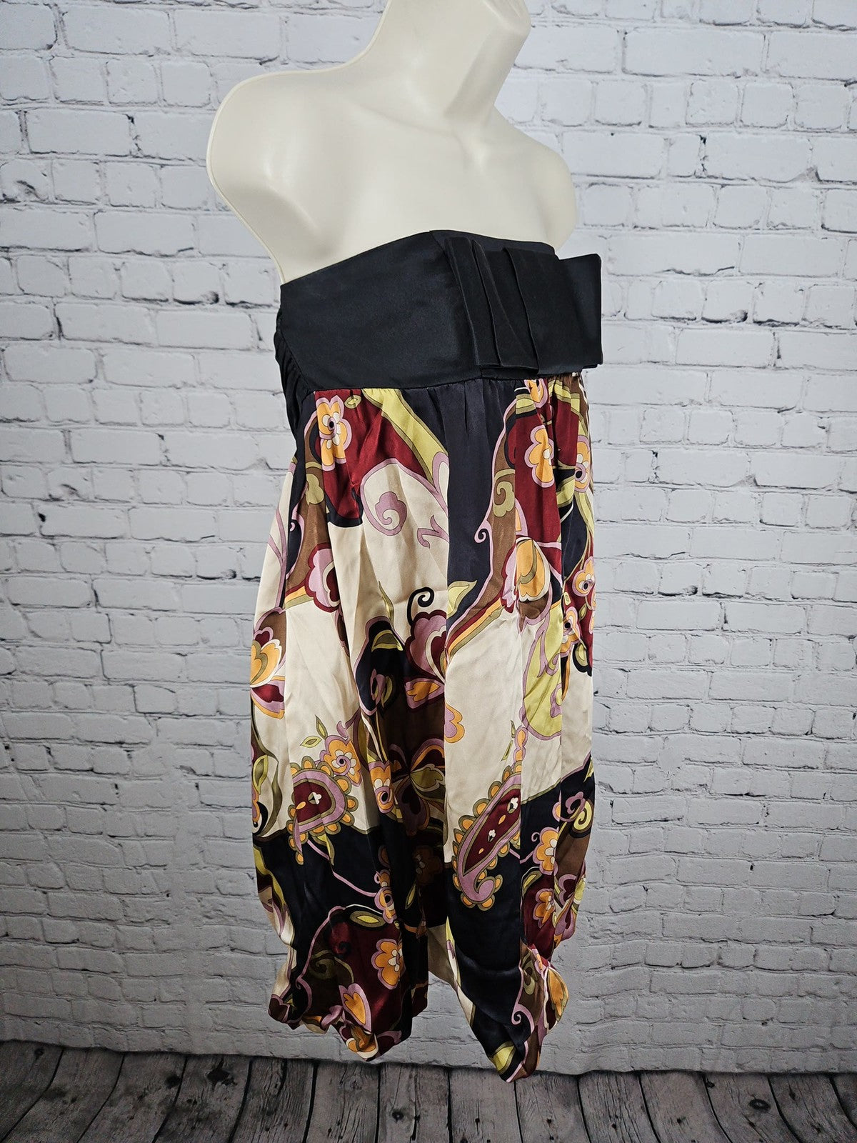 Steve Madden Multicolor Paisley Floral 100% Silk Strapless Bubble Dress 8