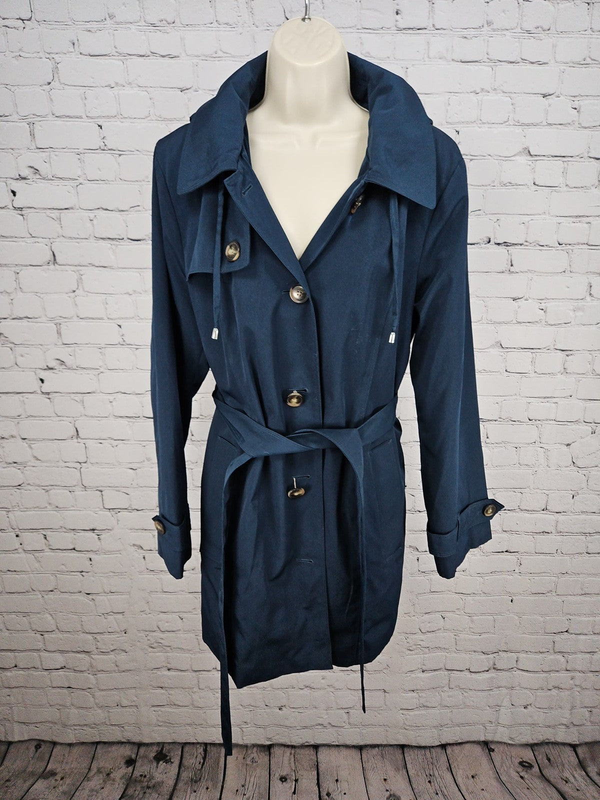 London Fog Dark Teal Hooded Belted Lined Trench Rain Coat Women's L