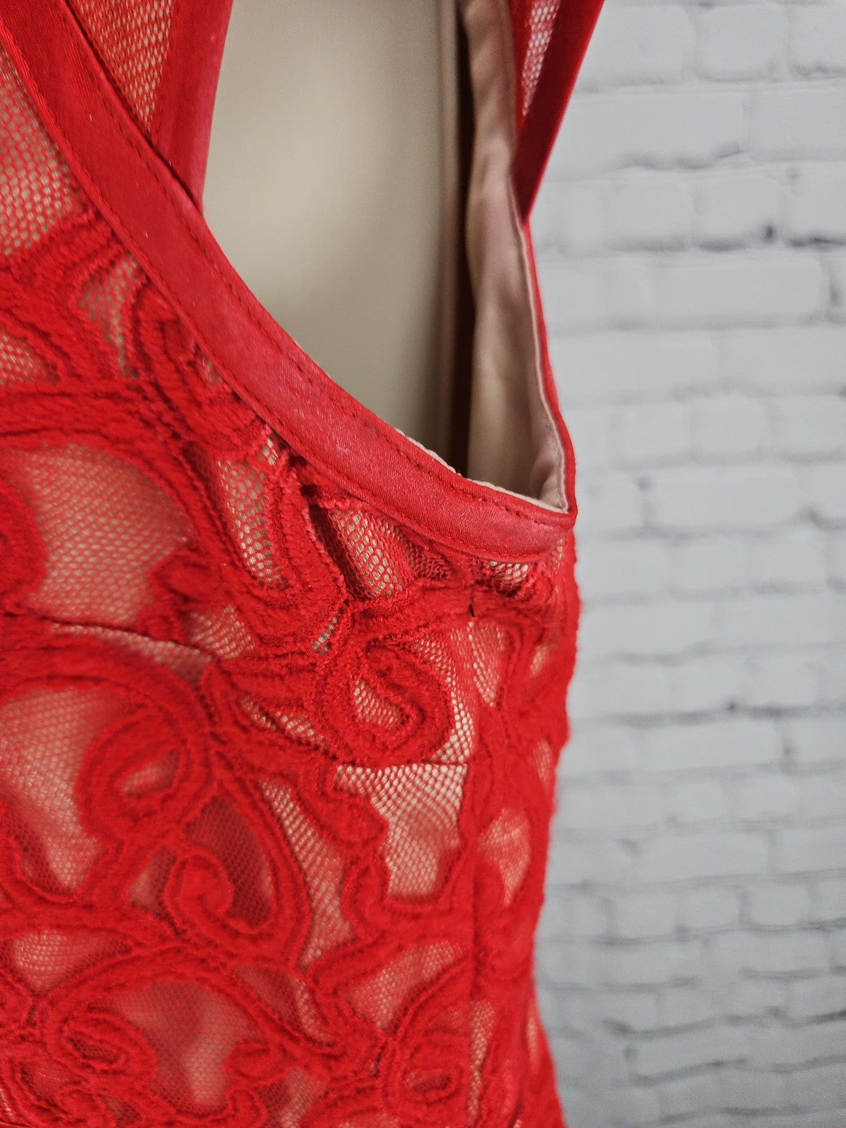 Adrianna Papell Red Lace Illusion Mesh Cap Sleeve Lined Sheath Dress 12
