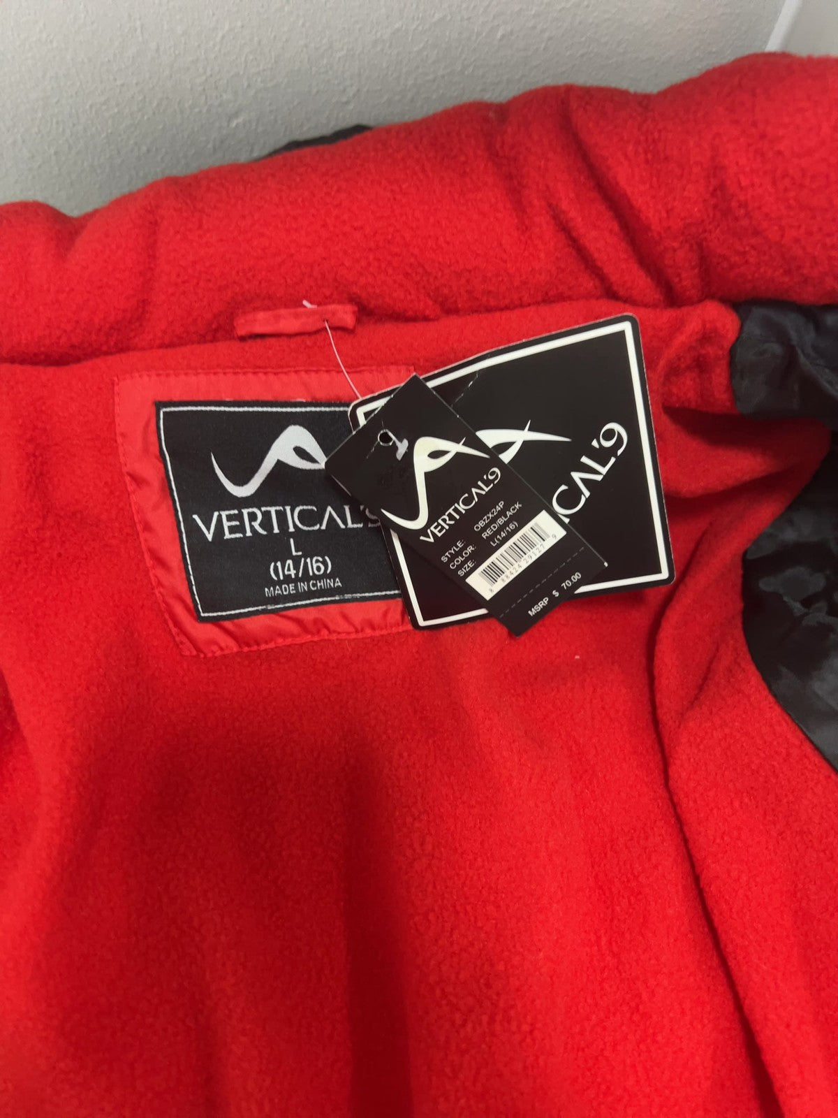 NWT Vertical'9 Boys Red Black Hooded Fleece Lined Puffer Jacket L (14/16)