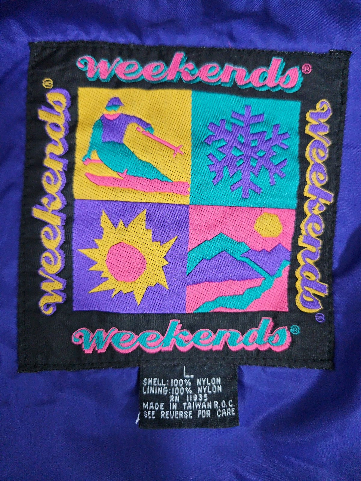 VTG Weekends Purple Teal Color Block Hooded Nylon Windbreaker Jacket Men's L