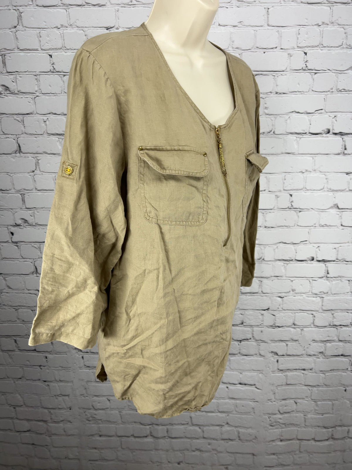 Company Ellen Tracy Flax 100% Linen Half Zip Pocket 3/4 Sleeve Tunic Top L