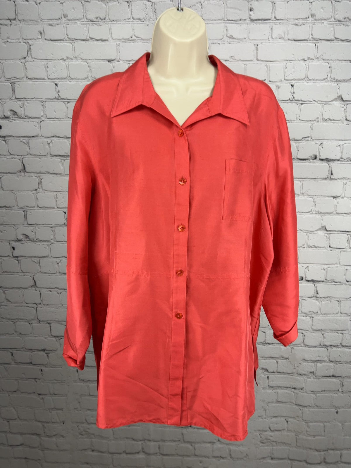 Coldwater Creek Coral 100% Silk Textured Button Up Long Sleeve Blouse XL