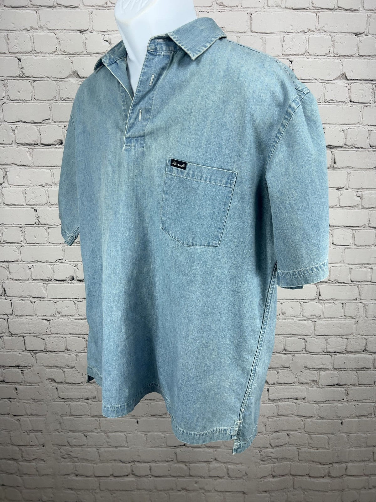 VTG Faconnable Light Wash Denim Popover Short Sleeve Pocket Shirt Mens M