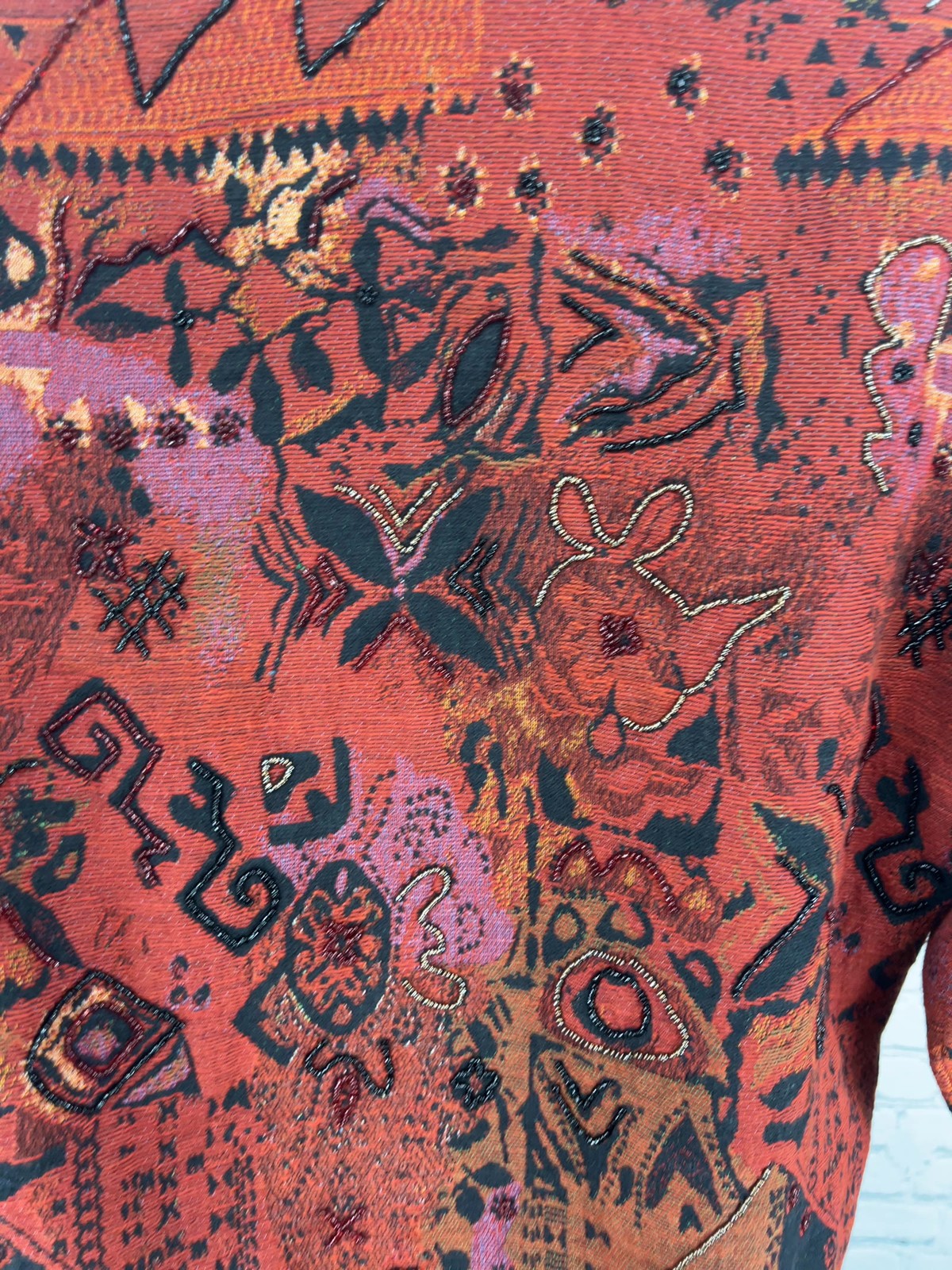 VTG Chico's Red Abstract Tapestry Beaded Button Front Shirt Jacket Size 1 (US S)