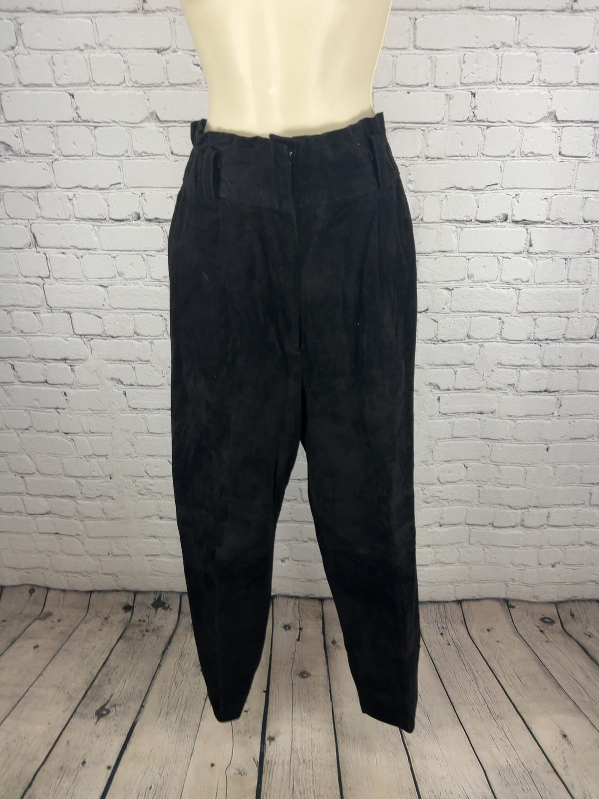 VTG Cedars Black Suede Leather Paperbag Waist Pleated Tapered Pants 6