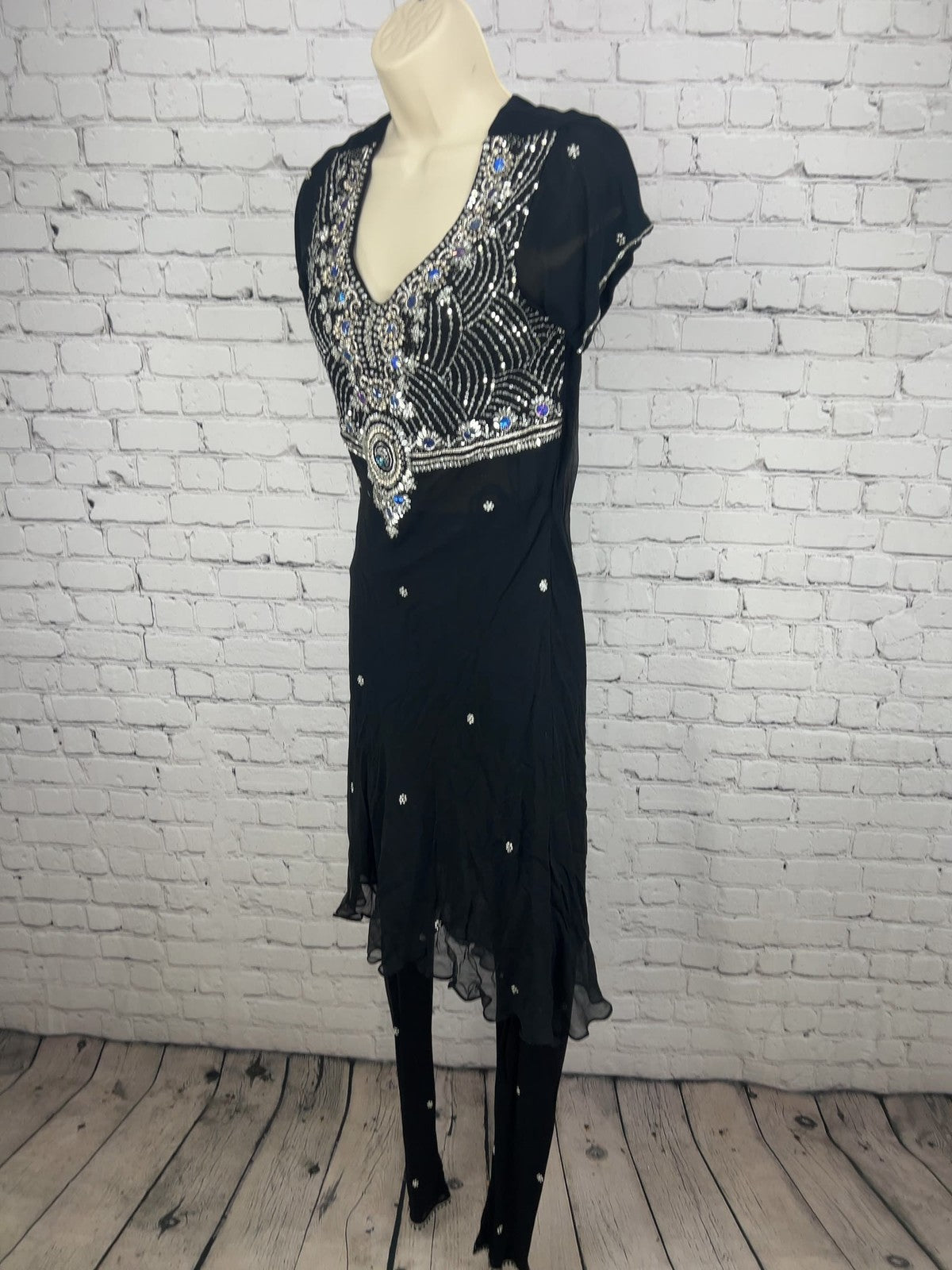 Black Silver Beaded Sequin Chiffon 3 Piece Salwar Kameez Dupatta Set M