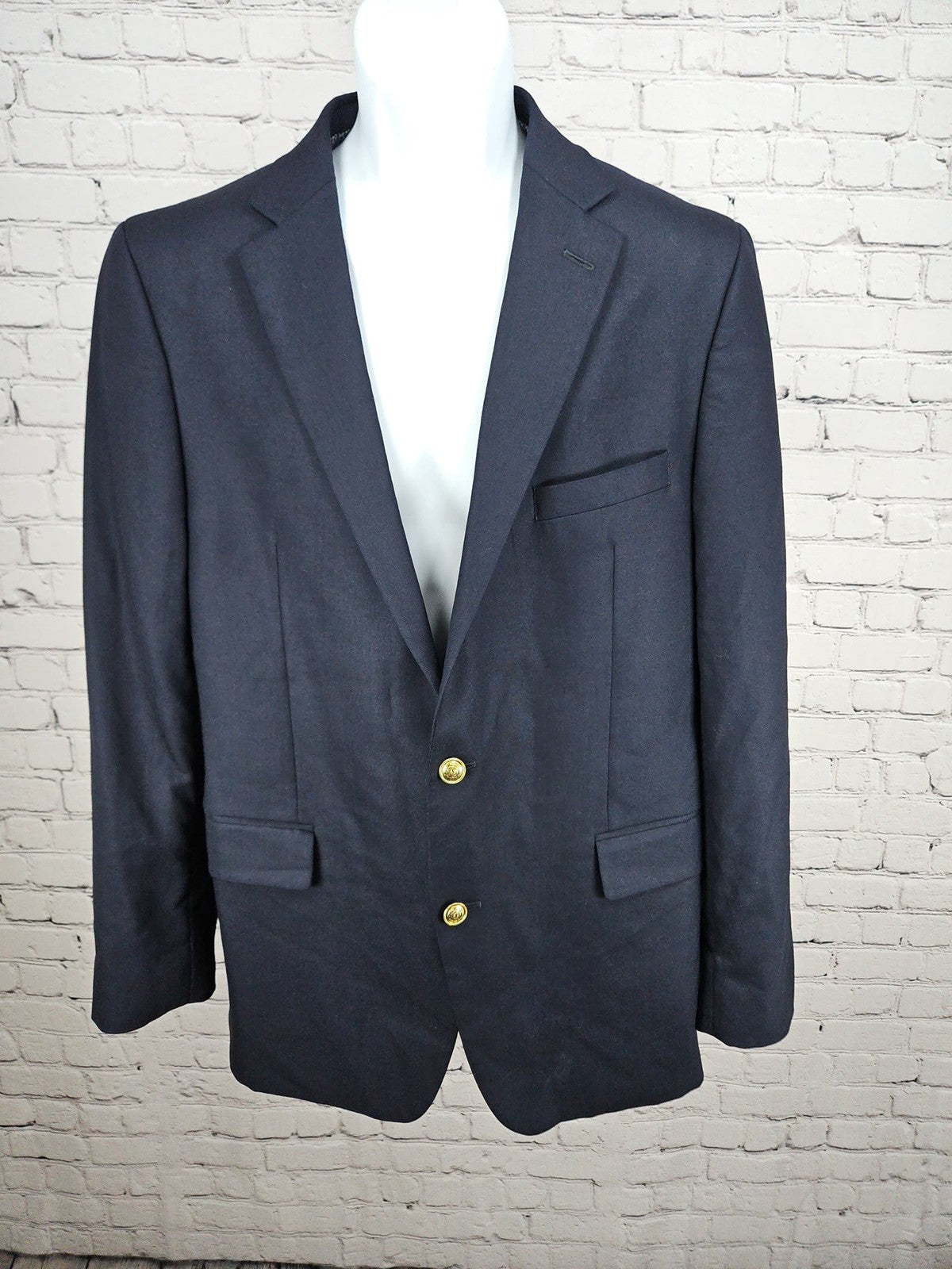 Stafford Navy 100% Wool Gold Button Single Vent Blazer Sport Coat 42L