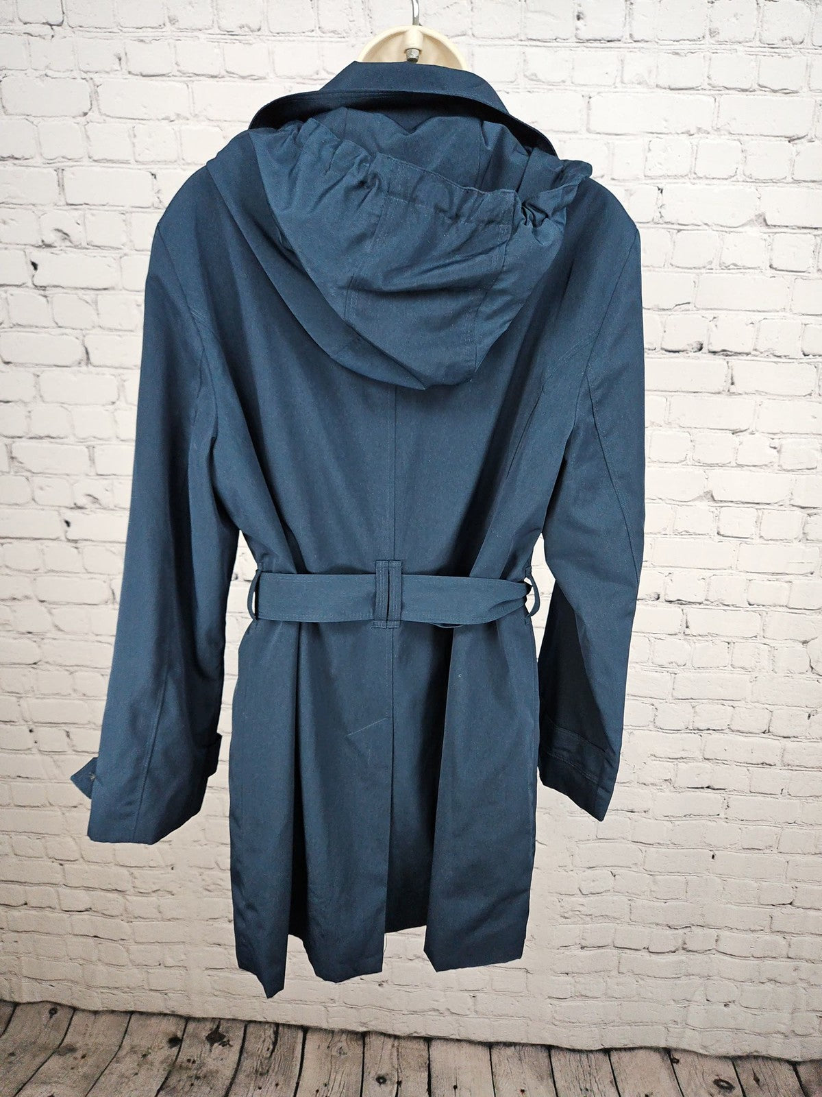 London Fog Dark Teal Hooded Belted Lined Trench Rain Coat Women's L