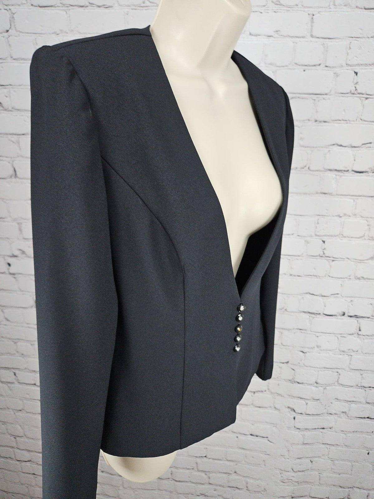 VTG Ever Beauty Black Collarless V Neck Rhinestone Button Women's Jacket 4