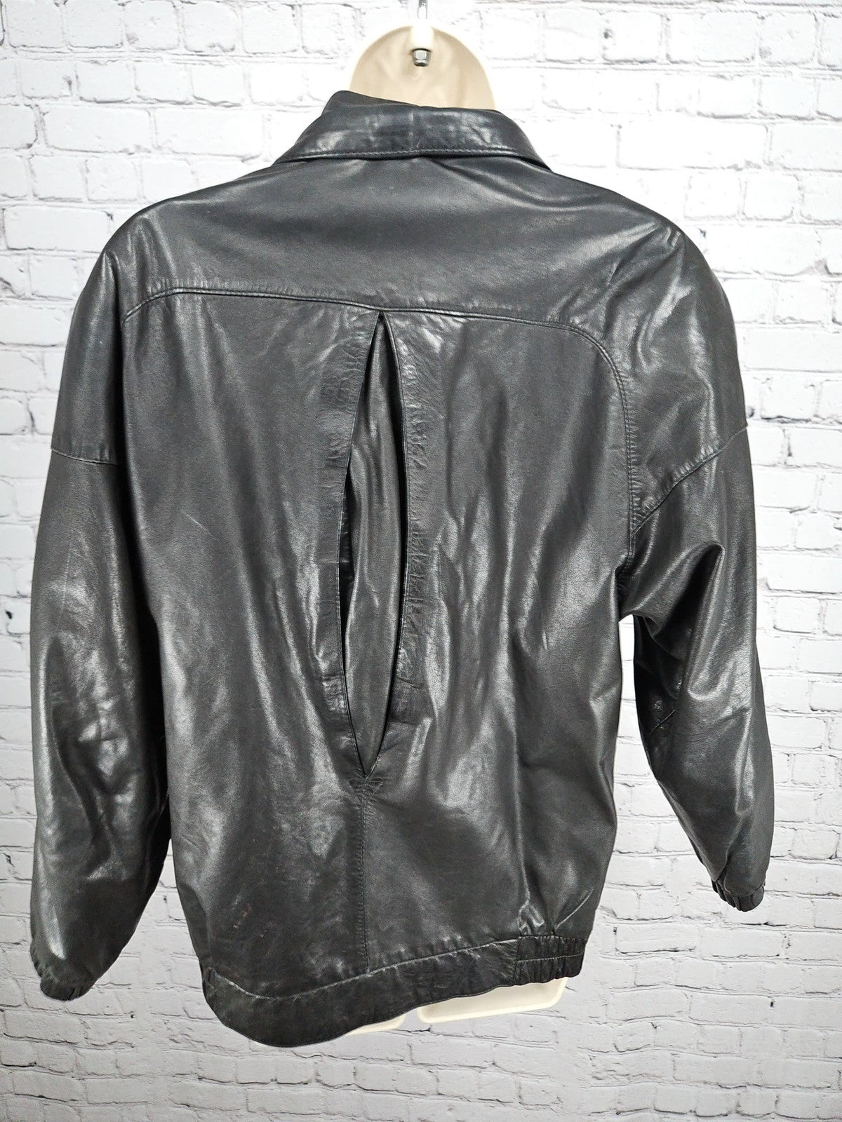 VTG Morgan Taylor Black Leather Asymmetric Shawl Collar Bomber Jacket Women's S
