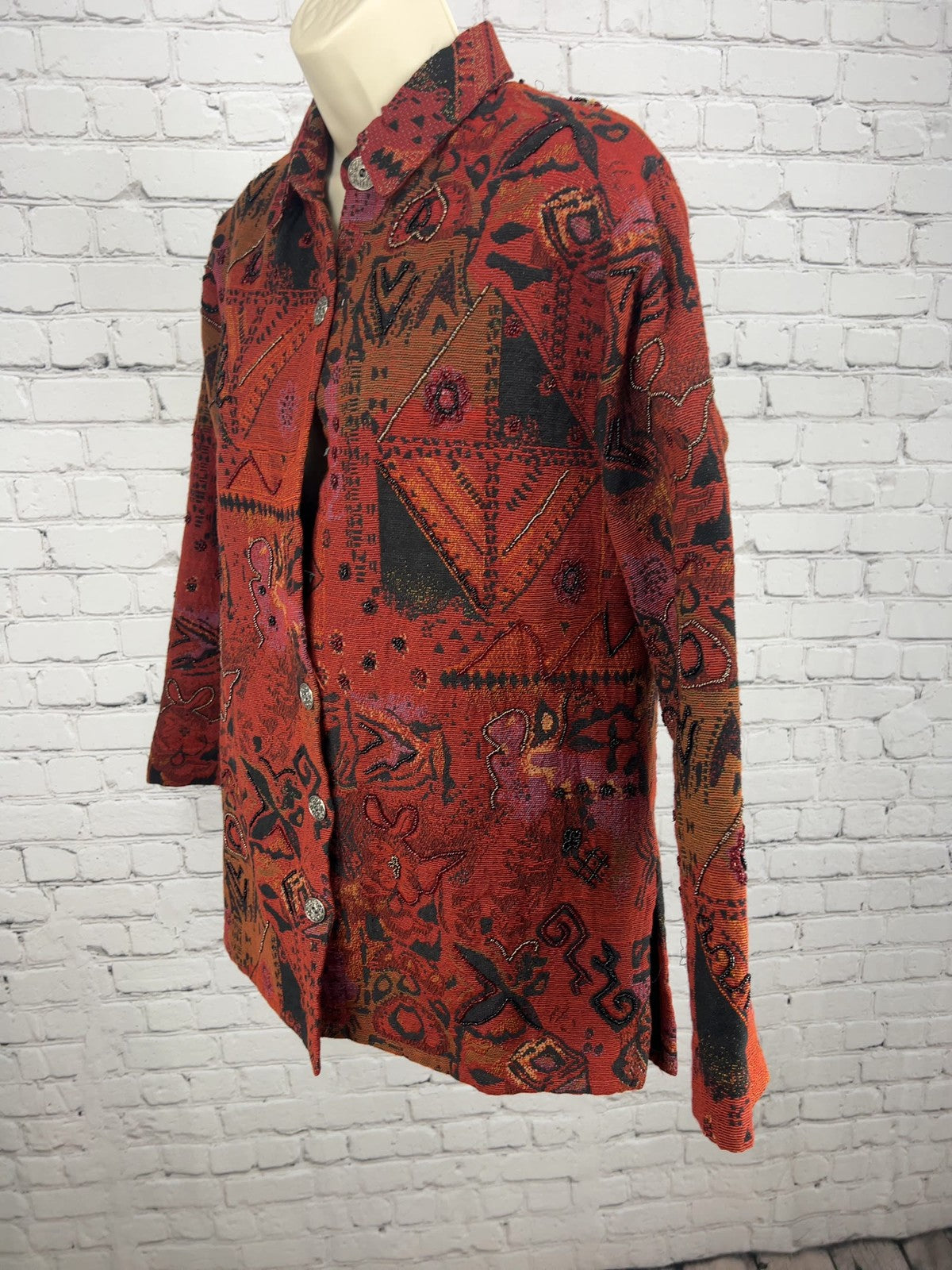 VTG Chico's Red Abstract Tapestry Beaded Button Front Shirt Jacket Size 1 (US S)