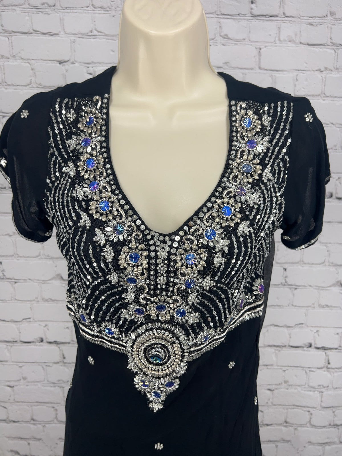 Black Silver Beaded Sequin Chiffon 3 Piece Salwar Kameez Dupatta Set M