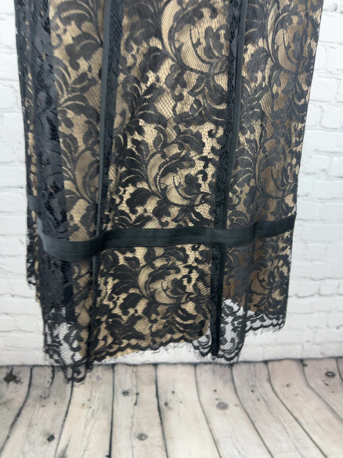 LOFT Black Nude Lace Cap Sleeve V Neck Satin Trim Lined Midi Dress 6P