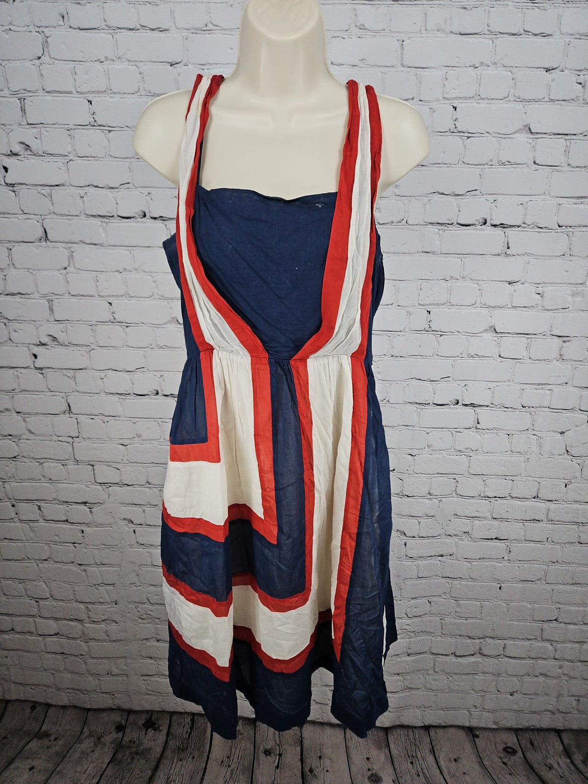 Betsey Johnson Navy Red White Colorblock Smocked Cotton Sundress M