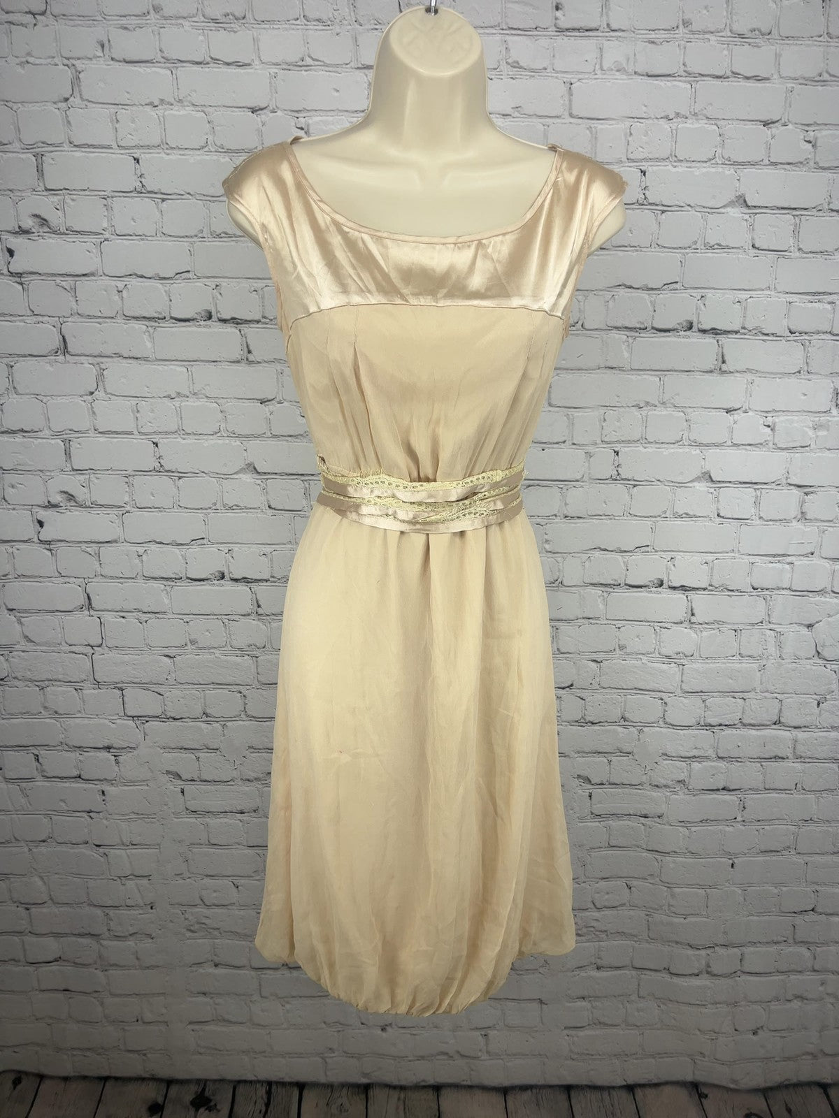 Blush Pink 100% Silk Satin Yoke Sleeveless Bubble Hem Lace Tie Dress M