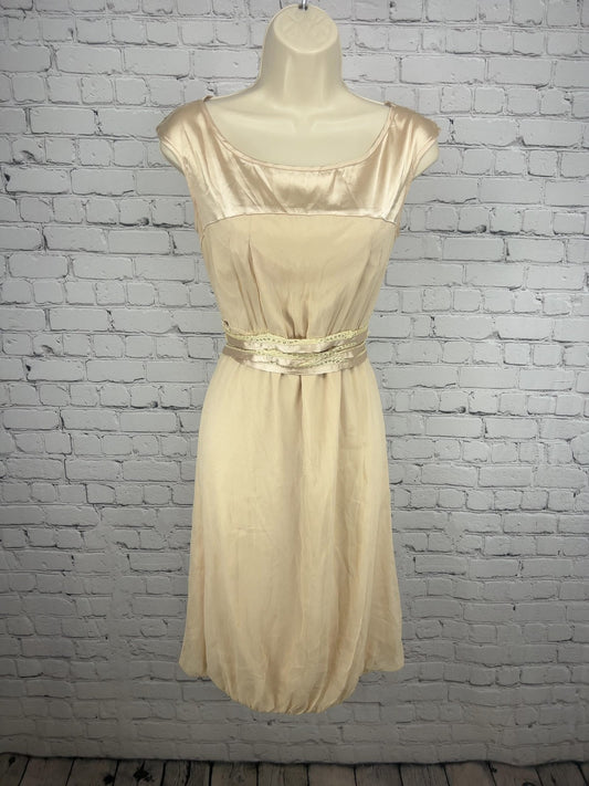 Blush Pink 100% Silk Satin Yoke Sleeveless Bubble Hem Lace Tie Dress M