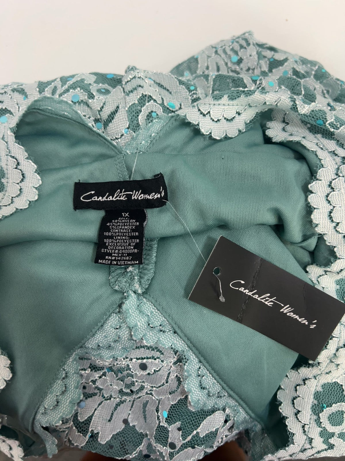NWT Candalite Seafoam Green Lace Sequin Sleeveless V Neck Godet Maxi Dress 1X
