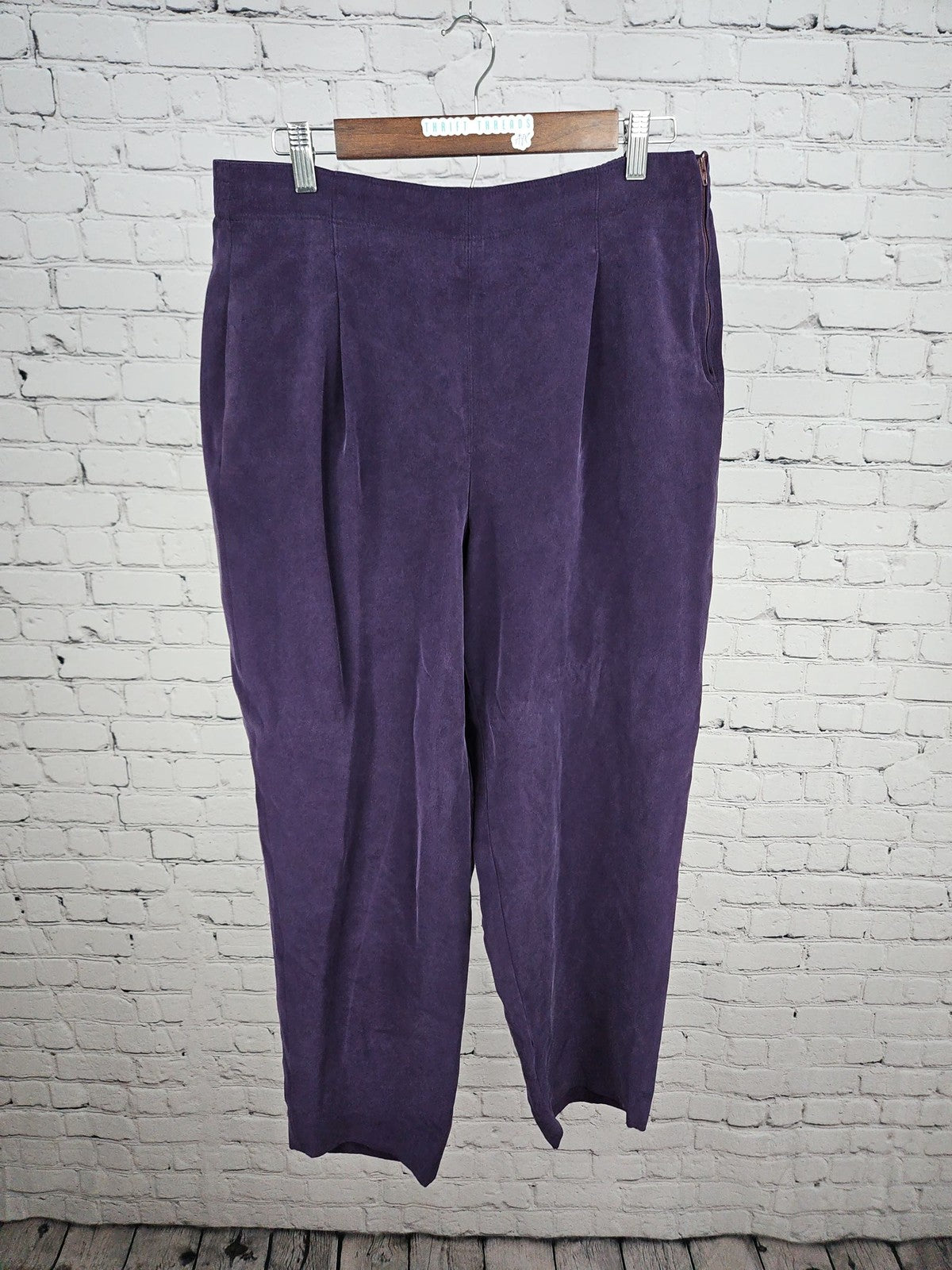 Purple 100% Silk Pleated Side Zip Tapered Pants Women's 14 (32X27)