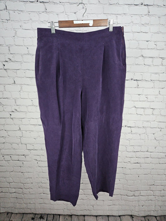 Purple 100% Silk Pleated Side Zip Tapered Pants Women's 14 (32X27)