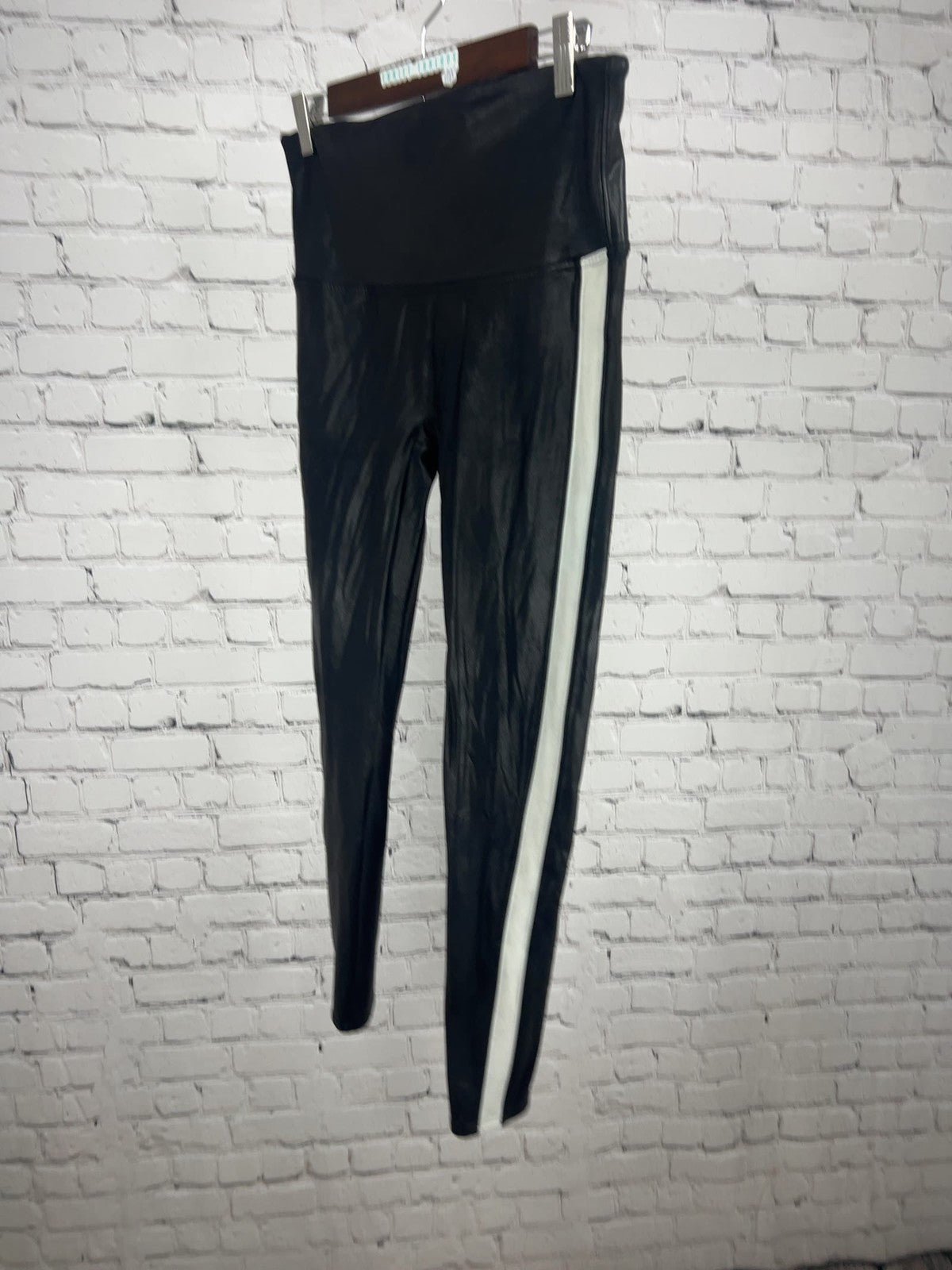 Spanx Faux Leather Black White Side Stripe Leggings Women's XL (30X27)