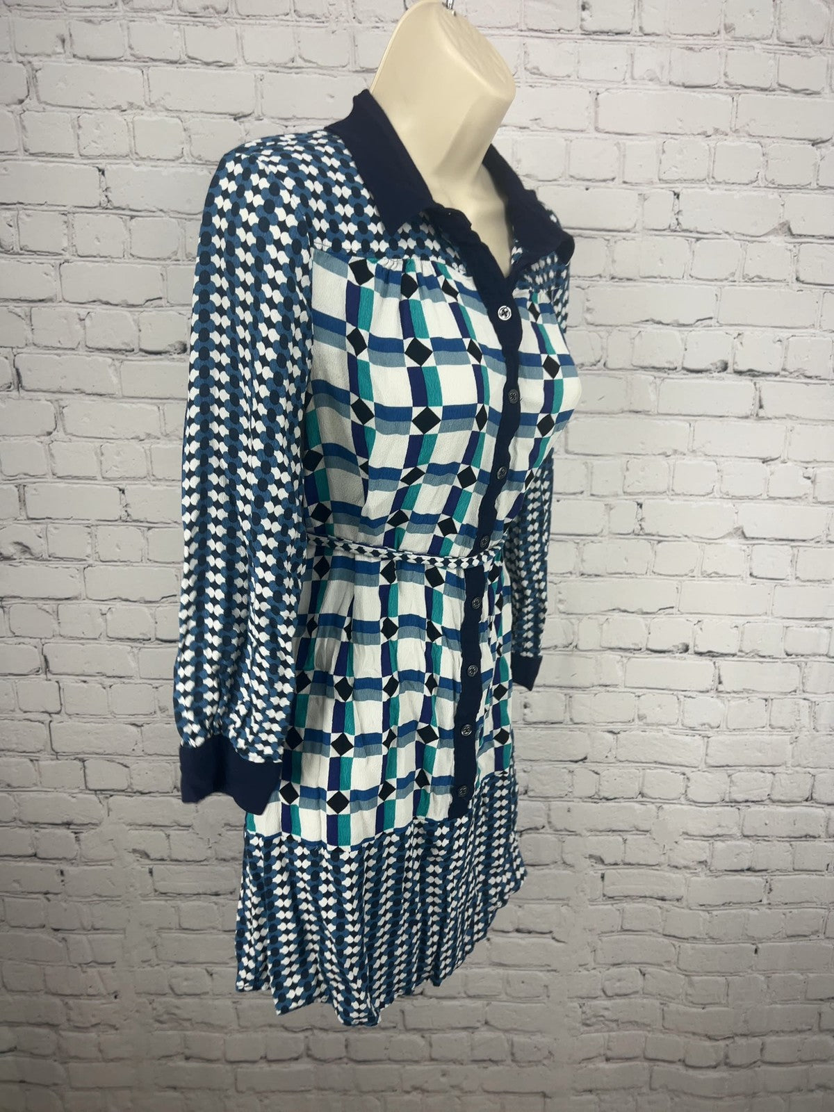 Maeve Anthropologie Blue White Geometric Print Belted Mini Shirt Dress 6