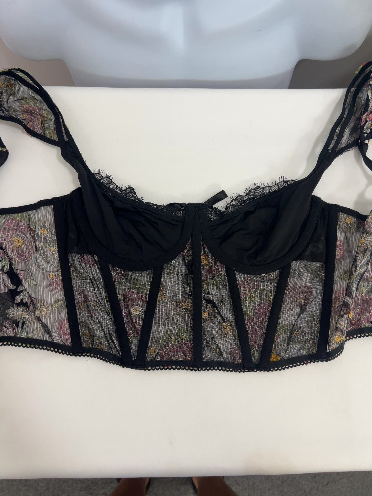 Victoria's Secret Dream Angels Black Floral Mesh Lace Corset Bustier 32C