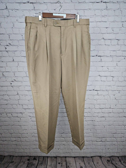 Savane Khaki 100% Polyester Pleated Front Cuffed Dress Pants Mens 36