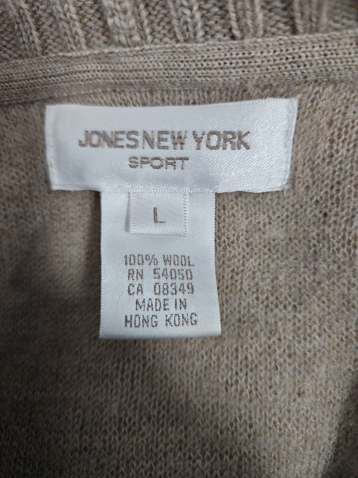 VTG Jones New York Sport Beige 100% Wool Hooded Toggle Cardigan Women's L