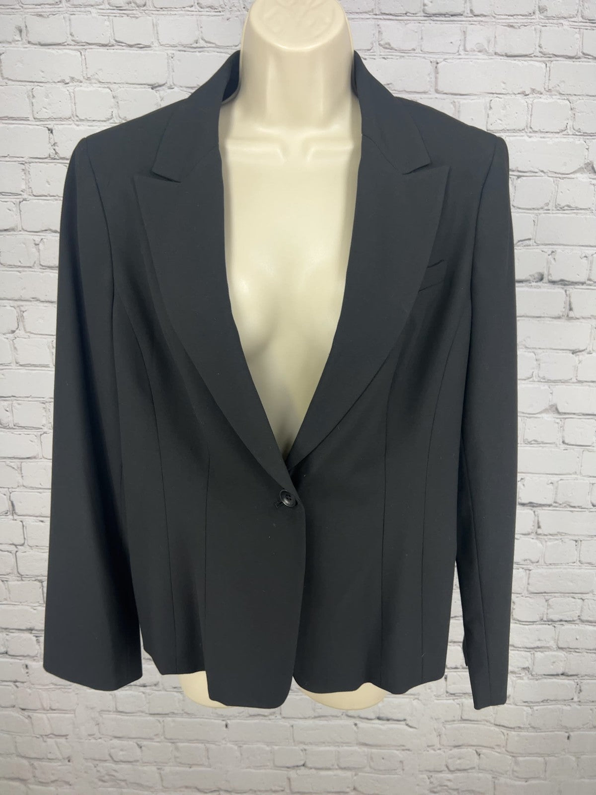 Anne Klein A Line Black Stretch Peak Lapel One Button Lined Blazer Jacket 10