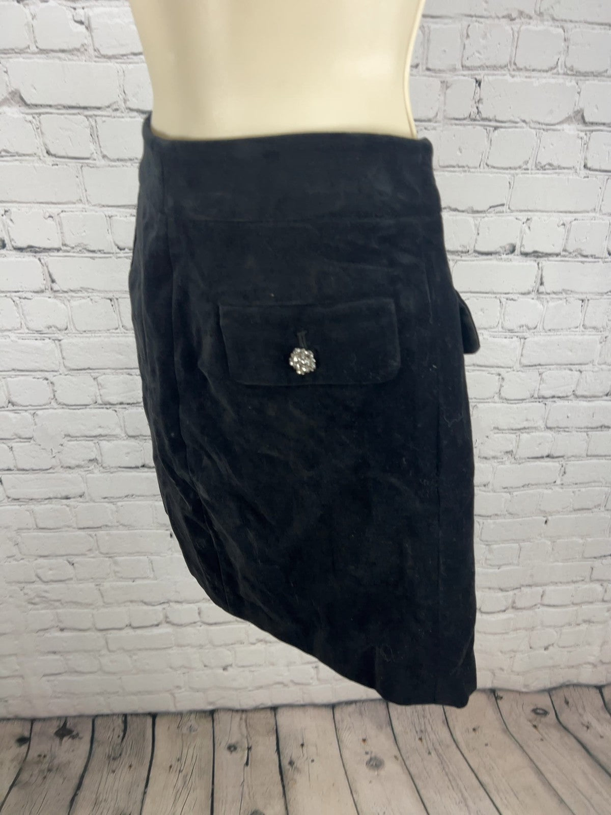 NWD LOFT Black Velvet Flap Pocket Rhinestone Button Lined Mini Skirt 4