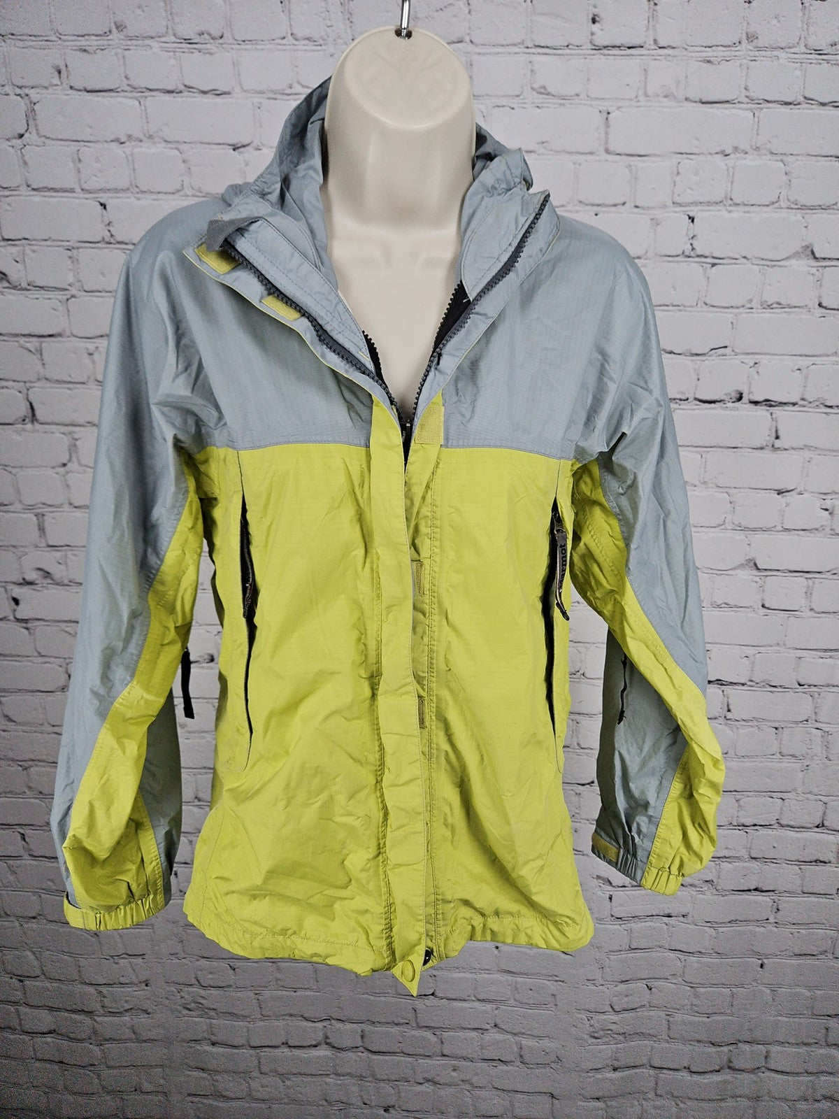 Marmot Lime Green Gray Colorblock Hooded Nylon Rain Jacket Women's S