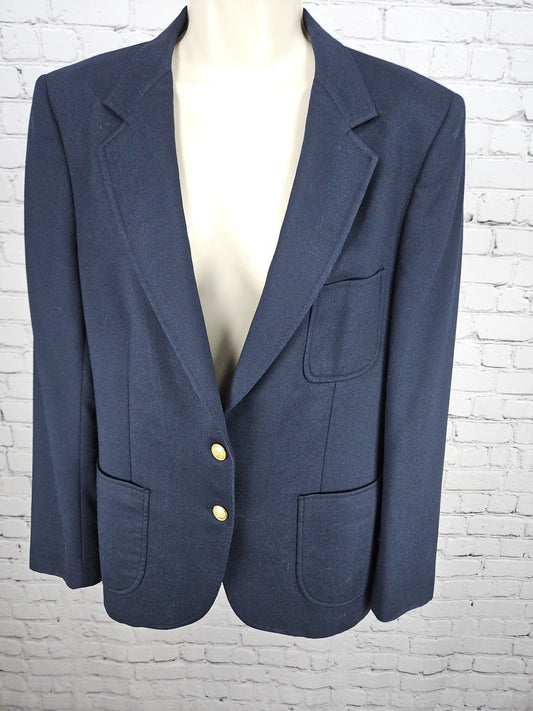 VTG Roots Women's Navy 100% Wool Gold 2 Button Patch Pocket Notch Blazer M