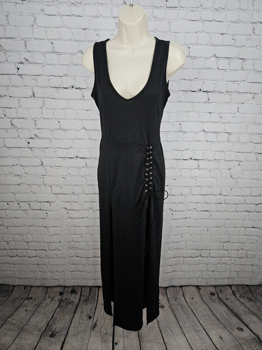 NWD GothDark Black Lace Up Plunge V Neck Sleeveless Slit Maxi Dress Women's S