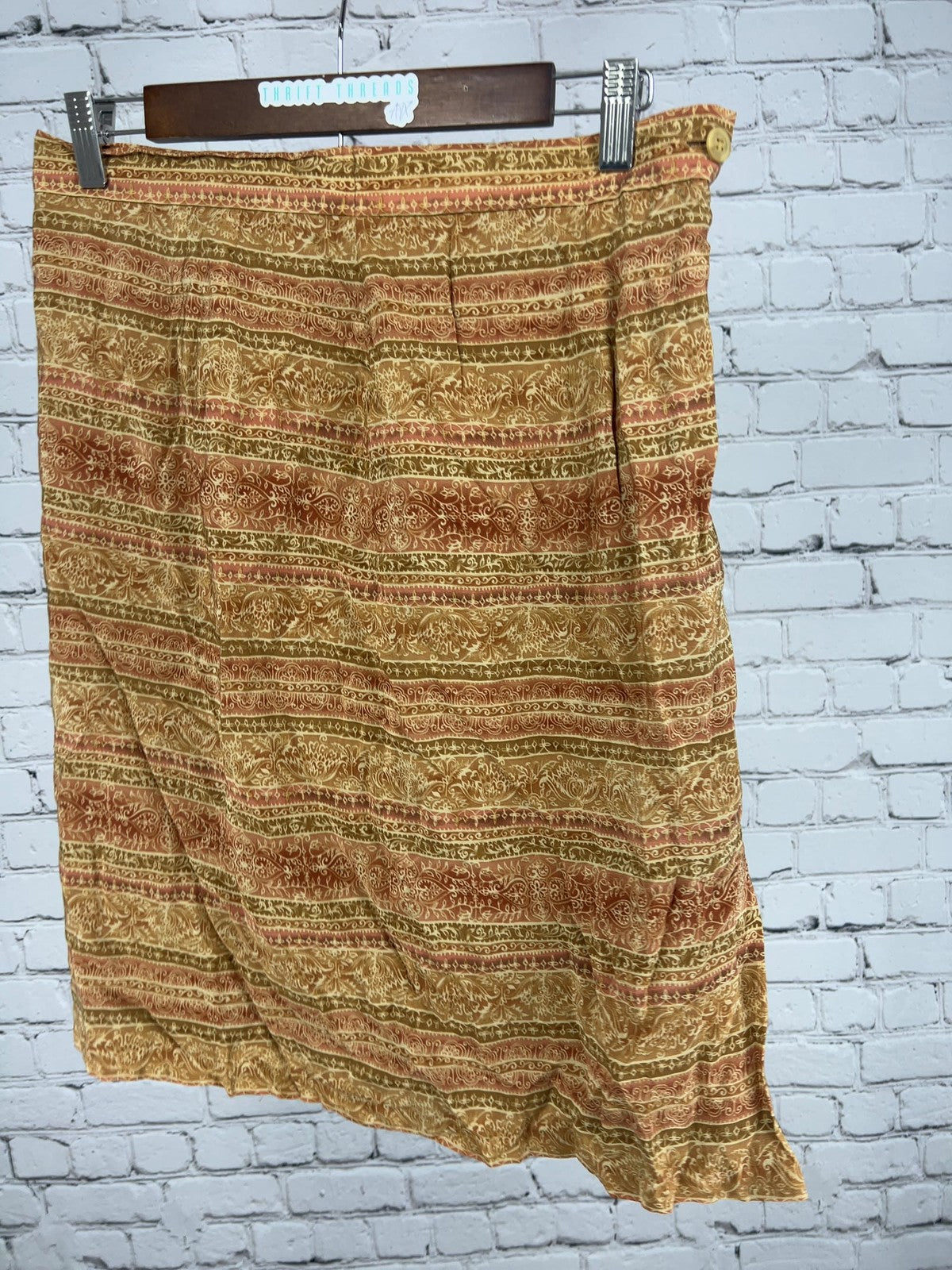 VTG Talbots Tan Rust Paisley Border Print 100% Silk Lined Midi Skirt 10