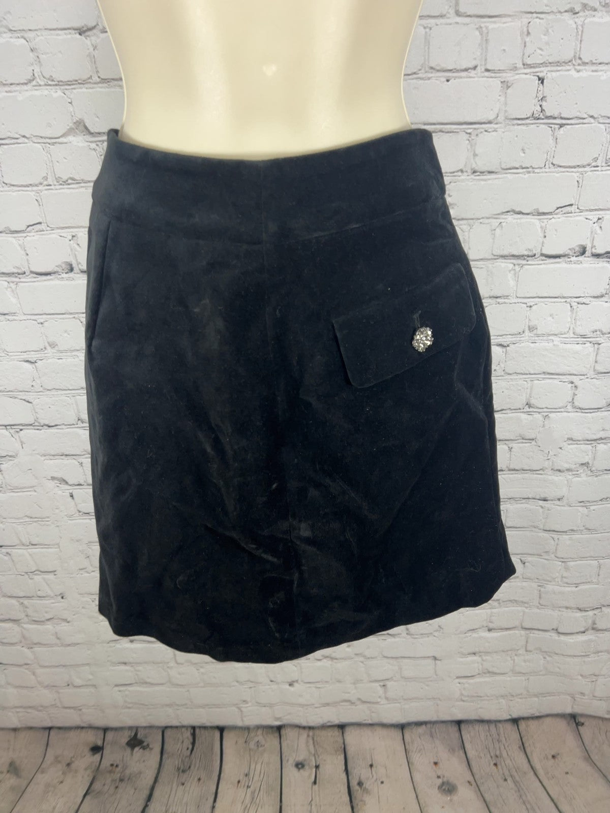 NWD LOFT Black Velvet Flap Pocket Rhinestone Button Lined Mini Skirt 4