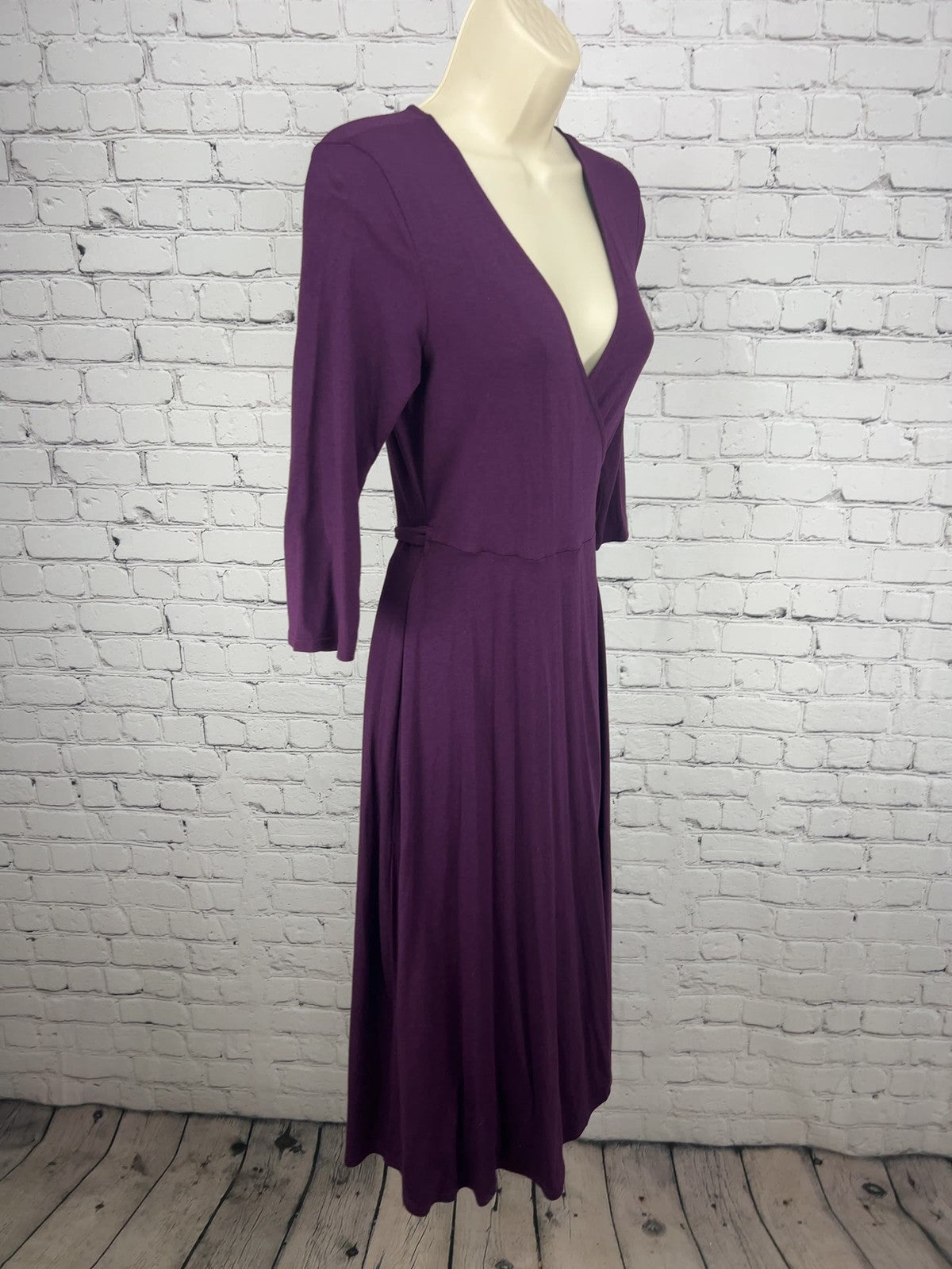 Sivana Bamboo Luxe Purple Faux Wrap V-Neck 3/4 Sleeve Midi Dress S