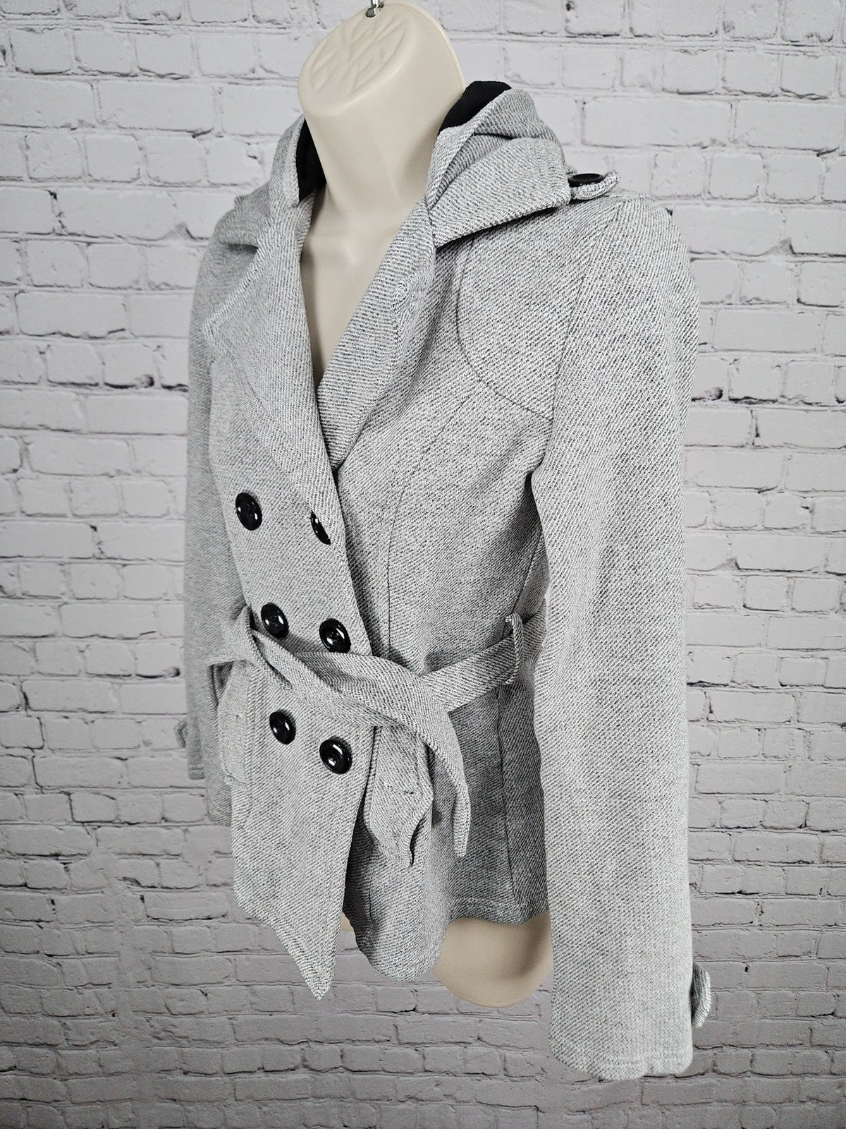 Sebby Gray Hooded Double Breasted Belted Women's Peacoat Jacket S
