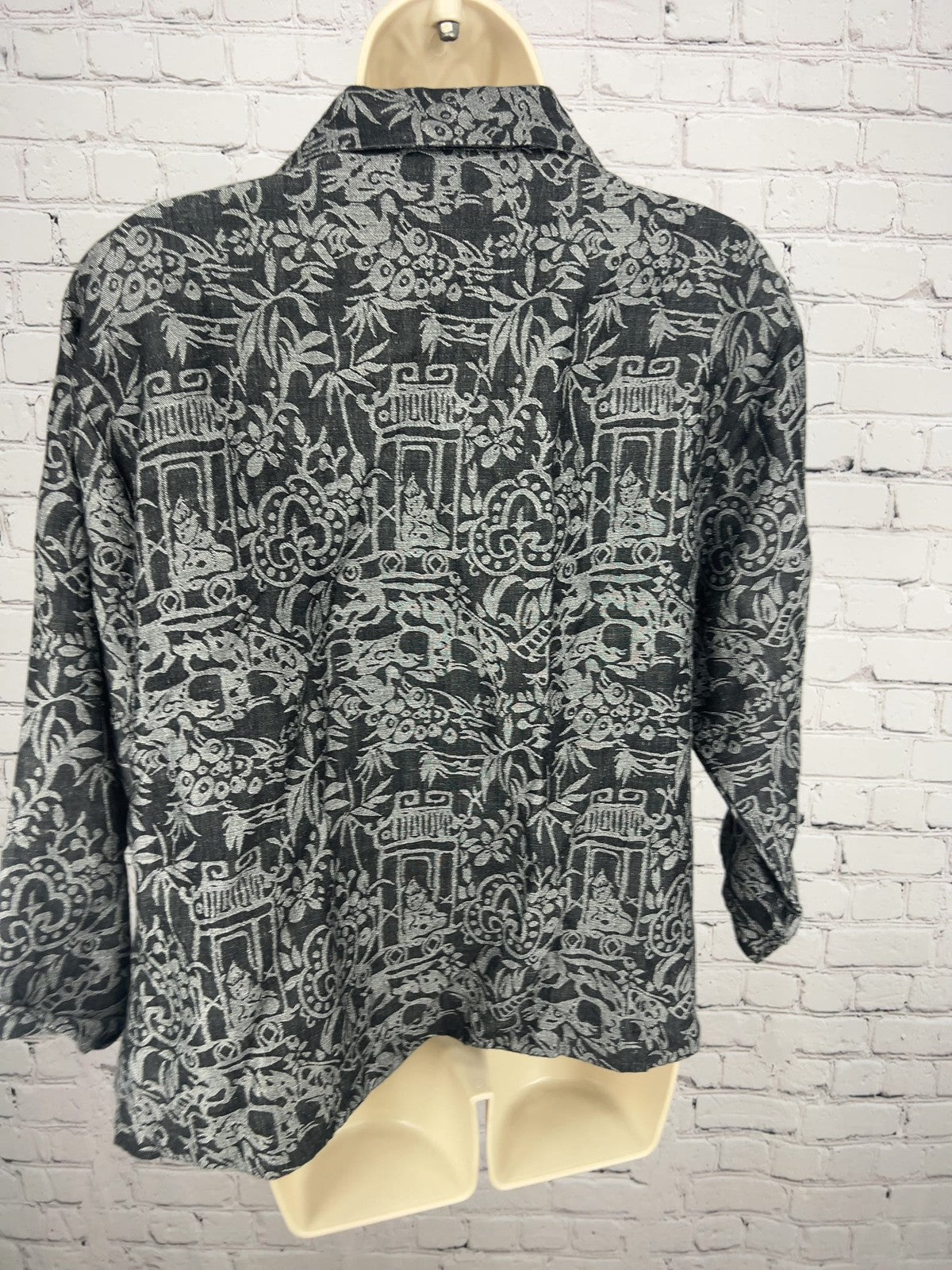 Chico's Black Gray Pagoda Jacquard Linen Blend 3/4 Sleeve Jacket 2 (US M)