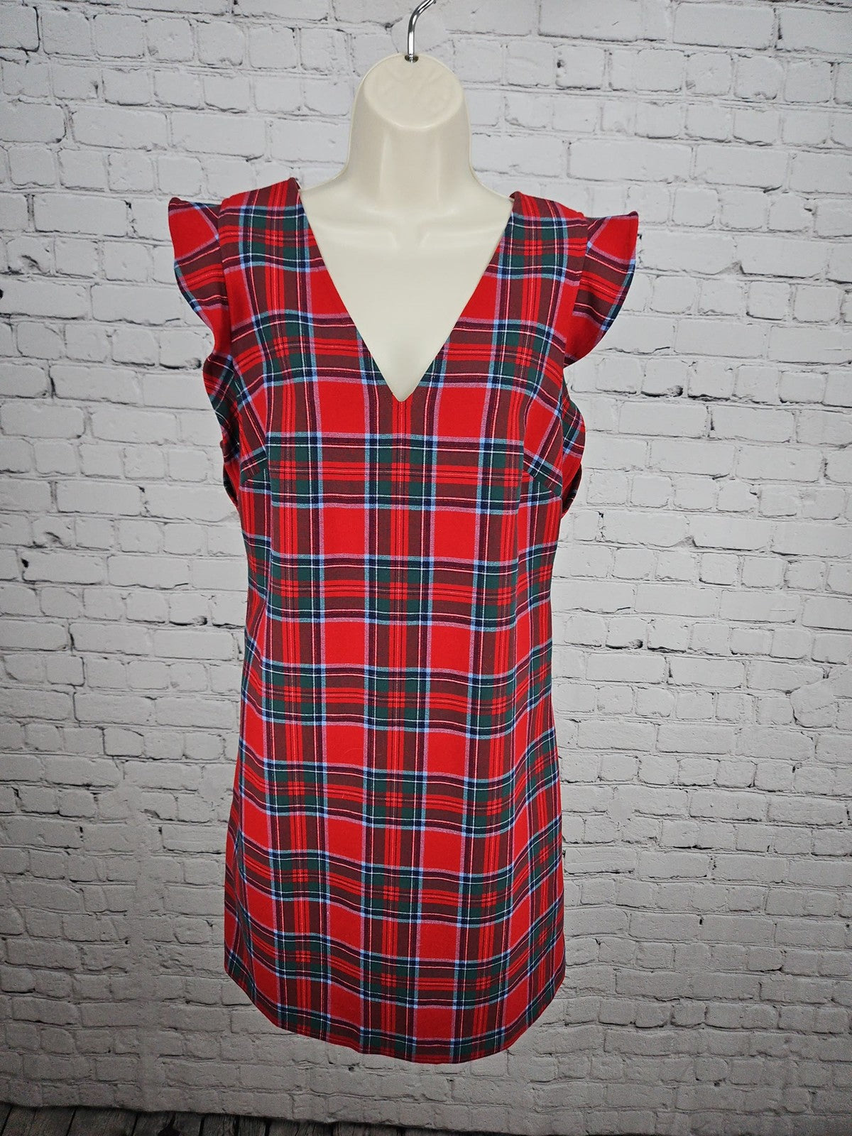 NWD Vineyard Vines Red Tartan Plaid Ruffle V Neck Lined Shift Dress Women's 10