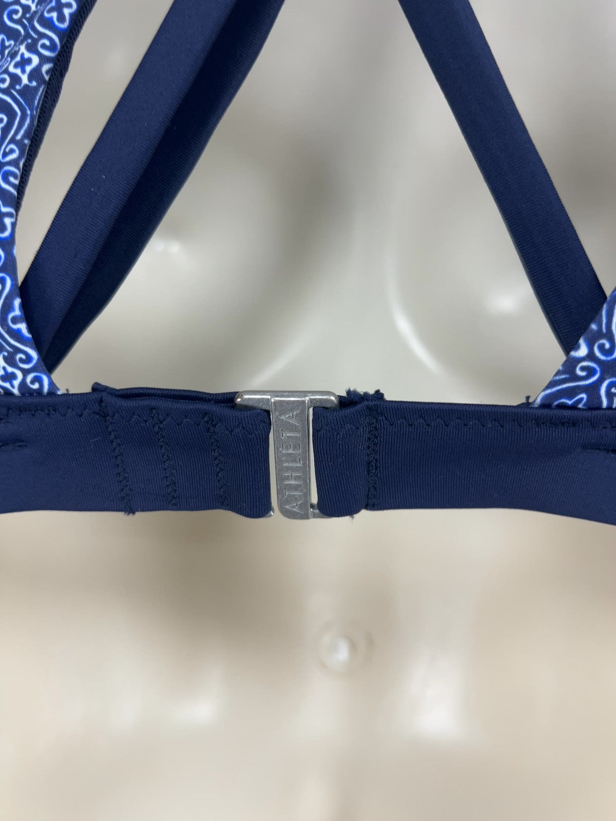 Athleta Navy Medallion High Neck Crisscross Underwire Bikini Top 32D/DD
