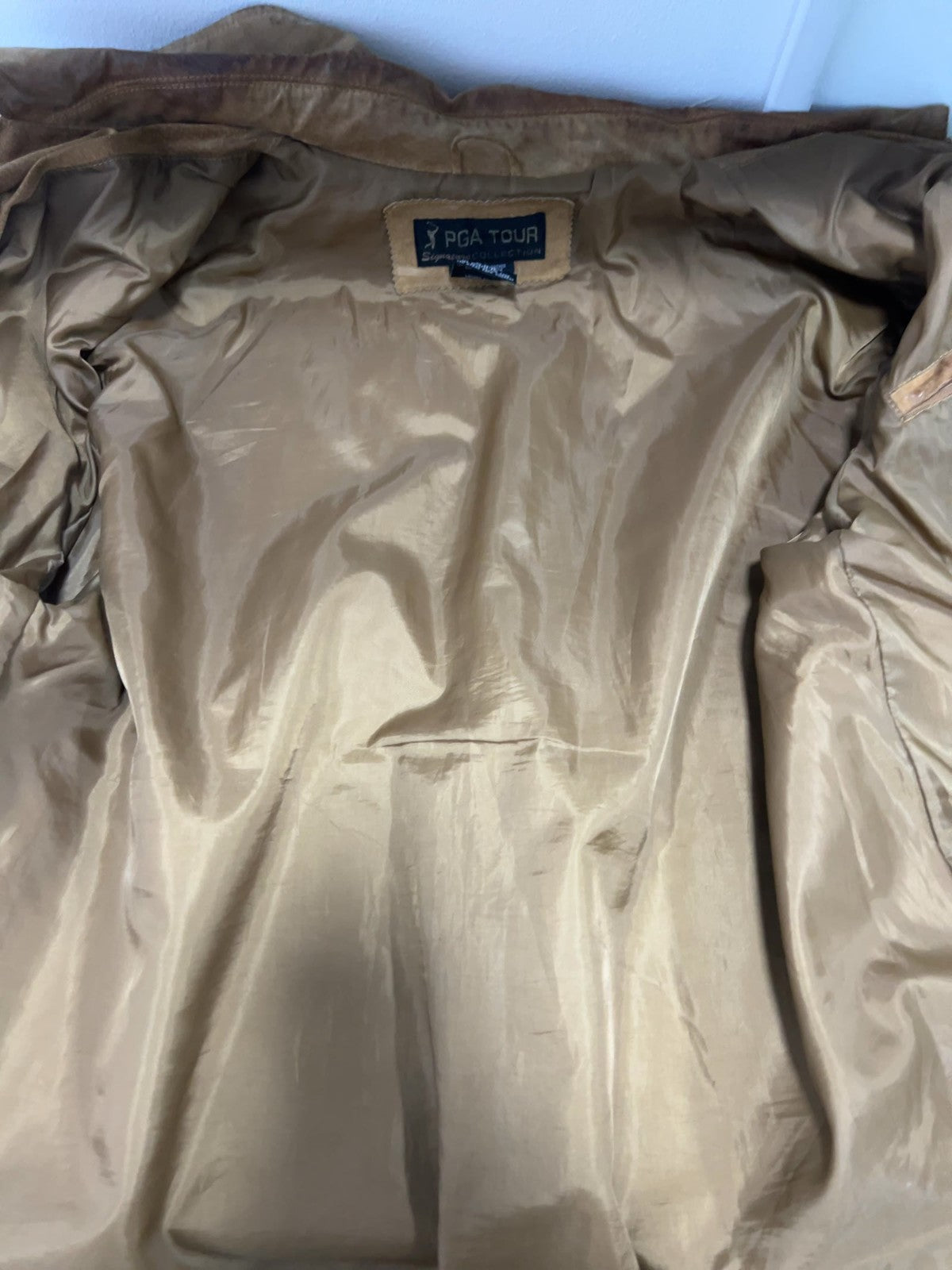 VTG PGA Tour Signature Collection Tan Suede Leather Full Zip Bomber Jacket XL