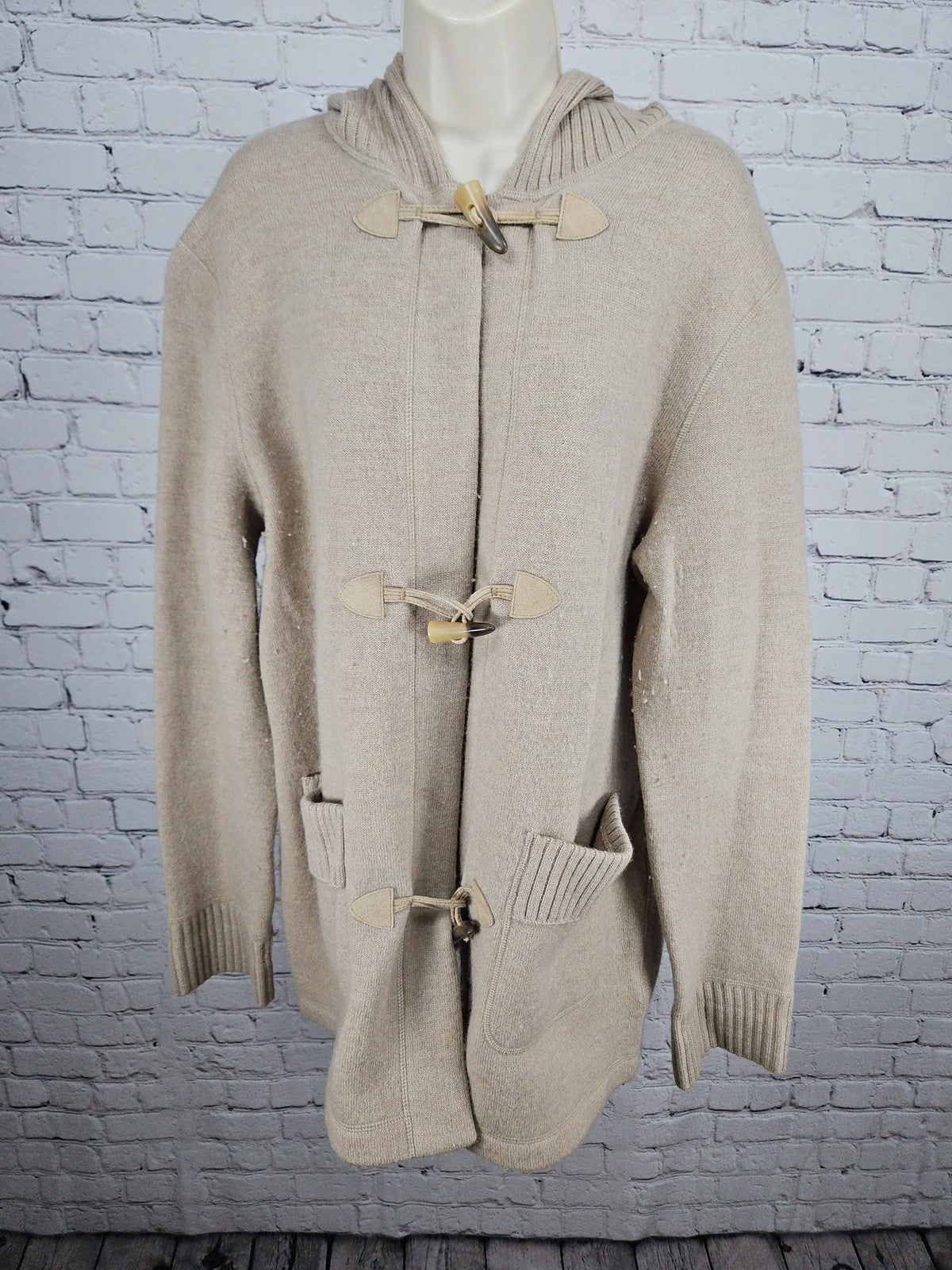 VTG Jones New York Sport Beige 100% Wool Hooded Toggle Cardigan Women's L