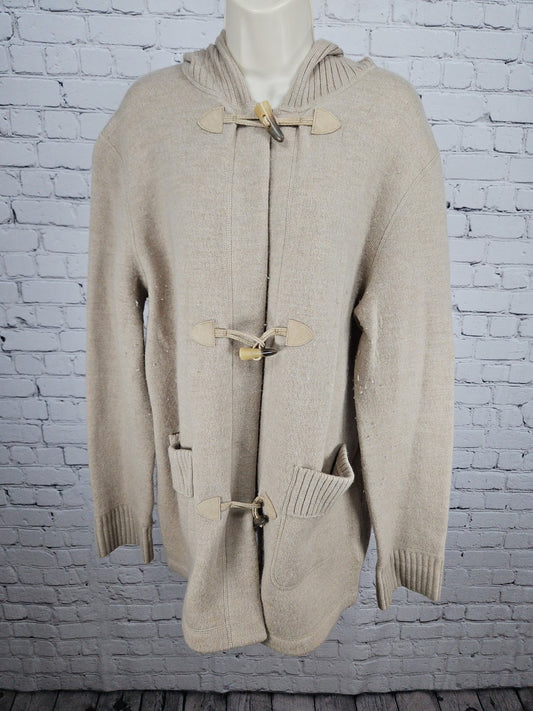 VTG Jones New York Sport Beige 100% Wool Hooded Toggle Cardigan Women's L