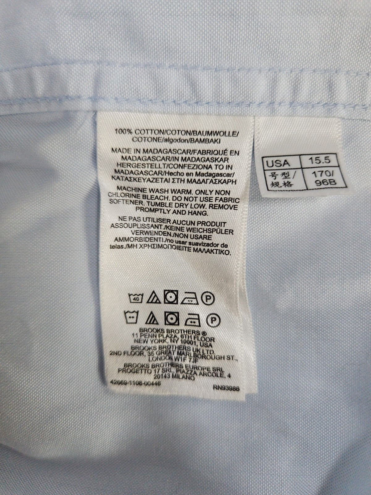 Brooks Brothers Thomas Mason Light Blue Cotton Regular Fit Dress Shirt 15.5 33