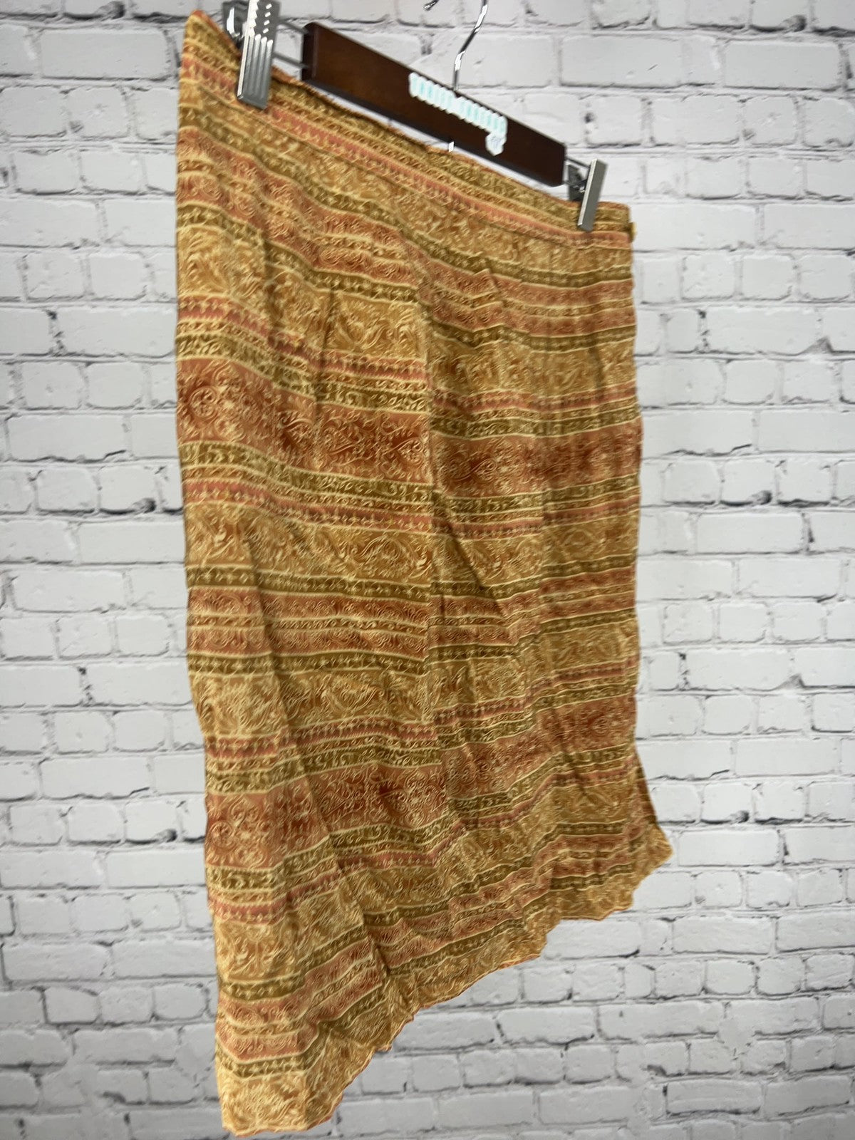 VTG Talbots Tan Rust Paisley Border Print 100% Silk Lined Midi Skirt 10