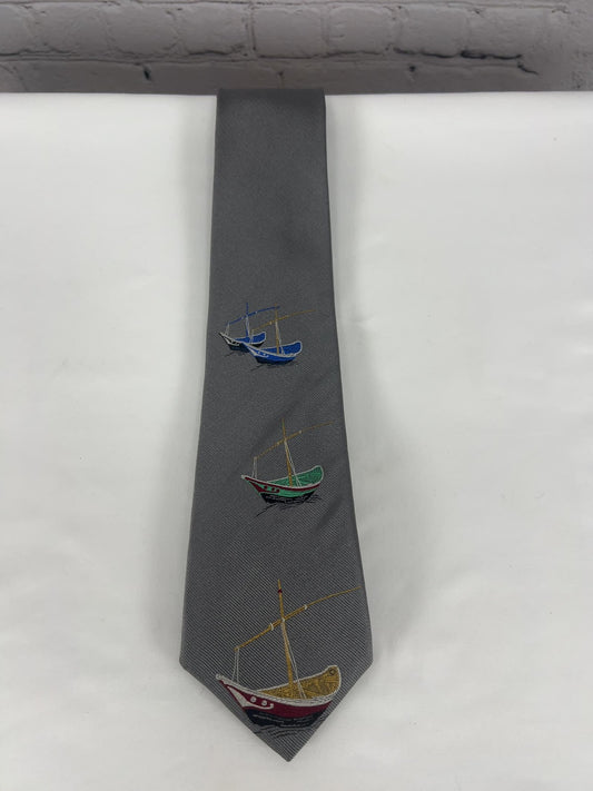 VTG Perry Ellis Handmade Gray Silk Nautical Sailboat Print Men's Neck Tie