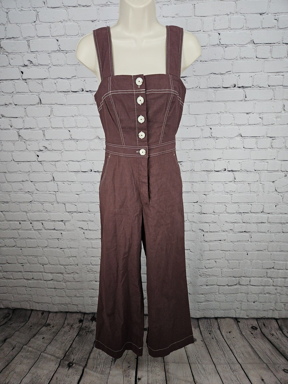 Maeve Anthropologie Colette Brown Contrast Stitch Wide Leg Jumpsuit 0