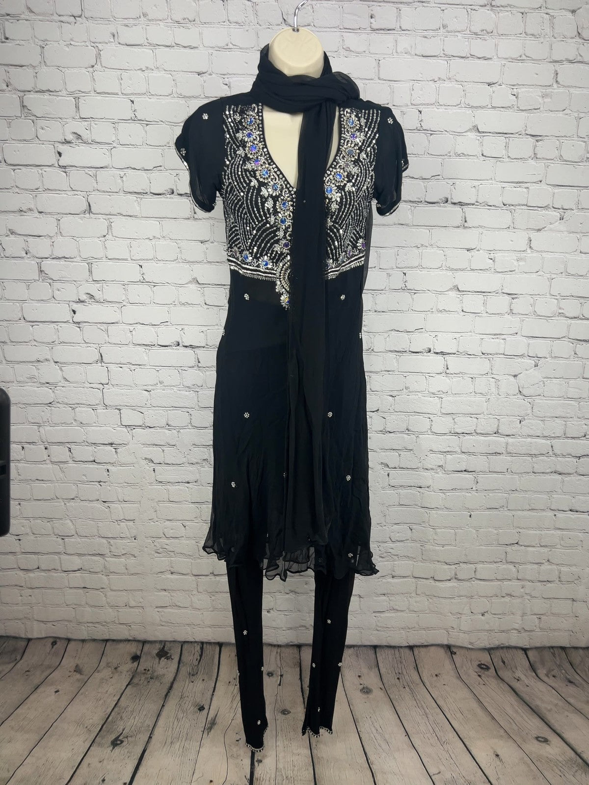 Black Silver Beaded Sequin Chiffon 3 Piece Salwar Kameez Dupatta Set M