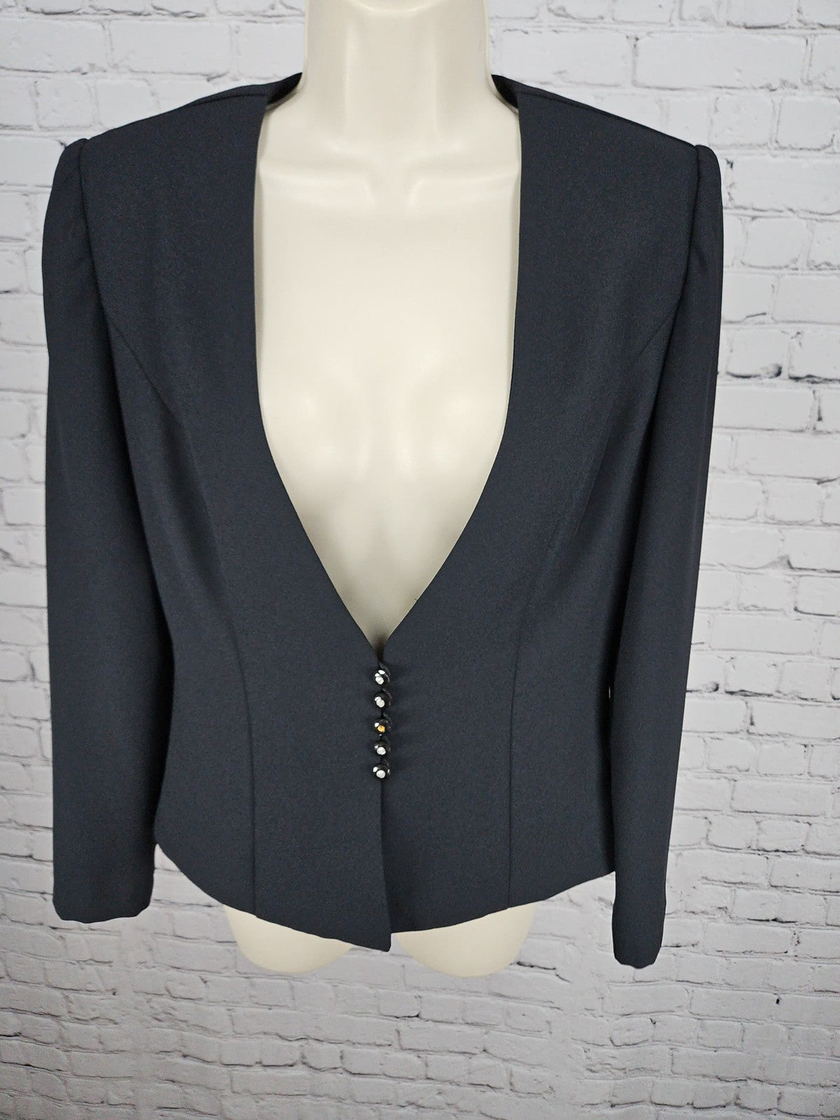 VTG Ever Beauty Black Collarless V Neck Rhinestone Button Women's Jacket 4